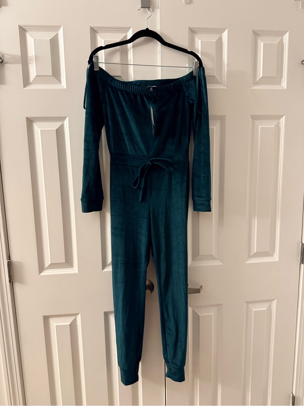 Off-Shoulder Teal Women’s Jumpsuit with Tie Waist